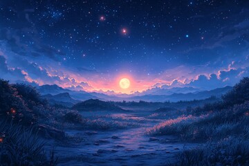 Moonlit landscape, starry night, tranquil field, peaceful scene, nature wallpaper