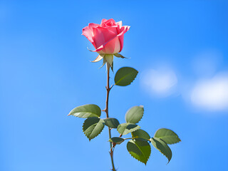 Pink rose flowers on the rose bush in garden at the morning with clear blue sky background in summertime