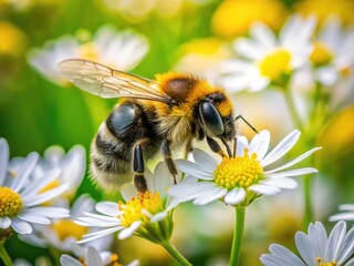 Aerial View Bumble Bee Pollinating White Flower Sunlight - High Resolution Drone Photography
