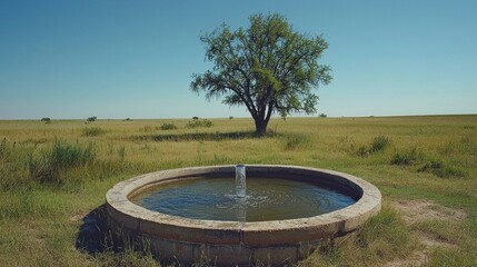 Peaceful Rural Scene Featuring Water Feature and Lone Tree in Open Field under Clear Blue Skies