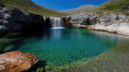 Fototapeta premium Pristine mountain pool with cascading waterfall. Crystal-clear turquoise water, surrounded by rugged, light gray rocks, creating a tranquil oasis in a mountainous setting