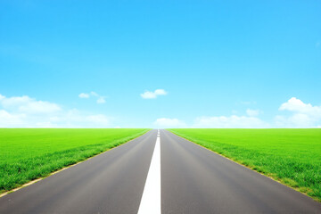 Naklejka premium long empty road in the middle of a green field 2