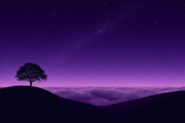 Fototapeta premium lone tree sitting on top of a hill under a starry sky