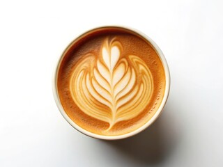 Aerial View Latte Coffee Paper Cup White Background - Top Down Coffee Drink Photography