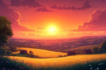 Fototapeta premium Sunset over rolling hills, farmhouses, wildflowers. Peaceful landscape, ideal for travel brochures