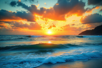 Obraz premium large wave breaking in the ocean at sunset 2