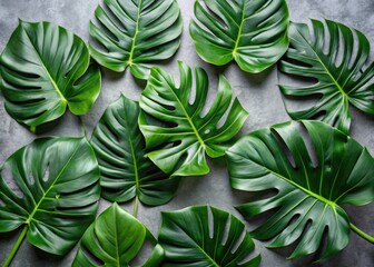 Fototapeta premium Aerial View Tropical Monstera Leaves Grey Background Flatlay Photography Stock Photo