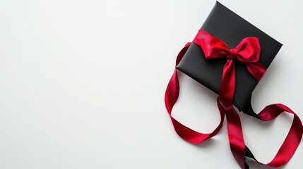 Elegant Black Gift Box with Red Satin Ribbon on White Background for Celebratory Events and Special Occasions