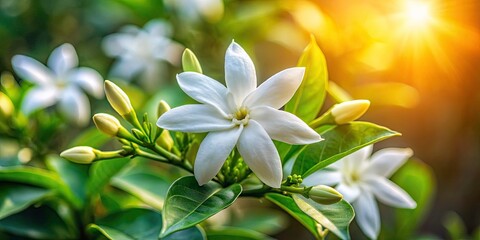 Fototapeta premium Arabian Jasmine Closeup, Grand Duke of Tuscany Jasmine Flower, Jasminum Sambac Macro Photography, Candid Flower Shot
