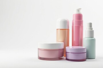 Various cosmetic containers against pure white backdrop , studio, simple