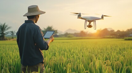 Asian farmer controlling drone with tablet in green rice field, rear view, technology in agriculture, serene landscape