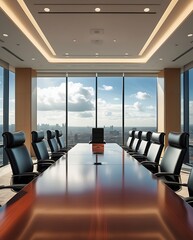 Modern empty boardroom with a large wooden table, leather chairs, and floor-to-ceiling windows offering a panoramic city view, symbolizing business leadership and decision making.
