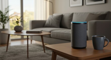 Smart speaker on table in living room with couch and coffee mug.