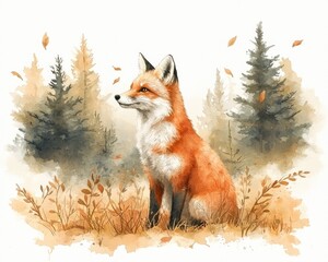Fototapeta premium Majestic red fox sitting gracefully among autumn foliage in a serene forest