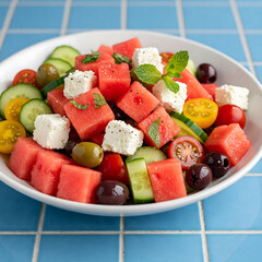 A white bowl of Greek watermelon salad sits on a blue tiled surface