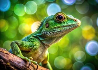 Fototapeta premium Bokeh Photography: Lizard Leaping from Tree, Wildlife Action Shot, Reptile Jump, Green Nature Background, Blurred Forest, Sharp Lizard Focus