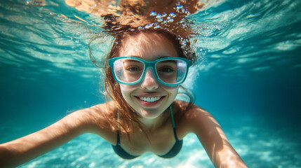 Naklejka premium A cute women Swimming and under water photo illustration. Ai generated.