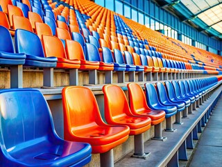 Fototapeta premium Grandstand Seating: Vibrant Orange & Blue Stadium Chairs, Row of Seats, Empty Bleachers, Event Seating, Outdoor Stadium, Colorful Chairs, Sport Venue, Spectators Seating