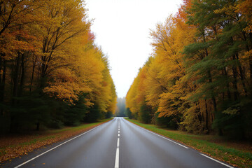 Fototapeta premium road in the middle of a forest with trees on both sides