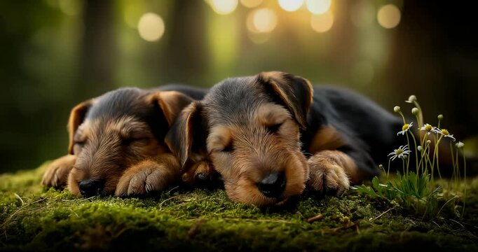 Airedale Puppies Rest on Mossy Forest