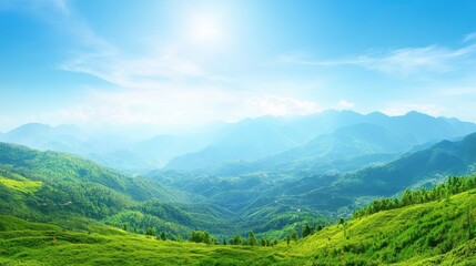 Obraz premium Lush mountain valley bathed in sunlight.