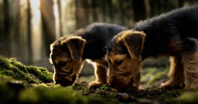 Airedale Puppies Sniff Wildflowers