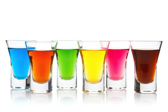 row of shot glasses filled with different colored liquids