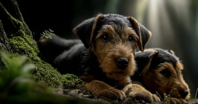 Airedale Puppies Roll Under Trees