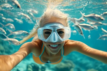 Naklejka premium Bright commercial style image. Sea adventure for tourists. Golden sunlight on the sea. A dense school of silver fish swims next to her. Girl exploring underwater world. Crystal clear ocean vi.