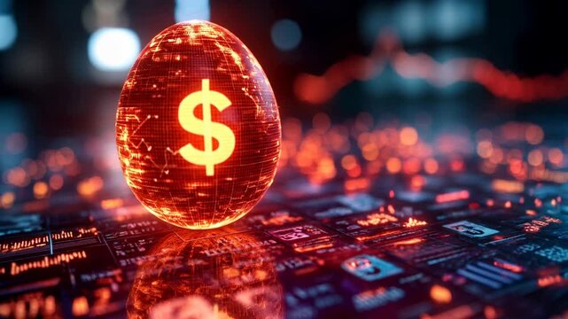 A glowing digital egg with a dollar sign rises from a high-tech financial interface. - Powered by Adobe