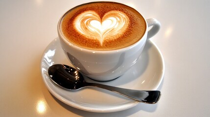 A beautifully crafted latte with a heart-shaped foam design, sitting on a white ceramic saucer with a spoon