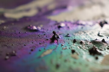 Close Up Of Abstract Iridescent Paint Texture With Purple And Green Swirls
