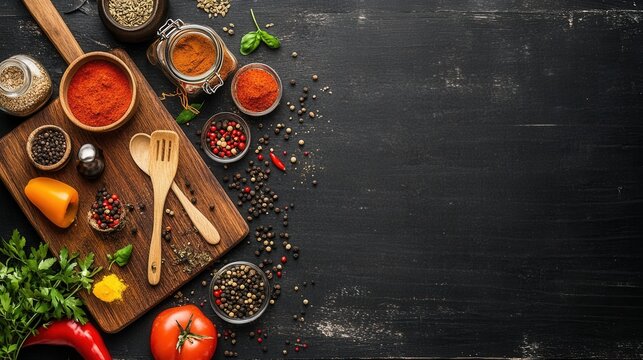 Colorful culinary ingredients displayed on a dark surface.