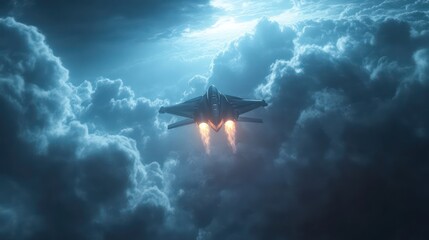 Plane flying through stormy clouds night