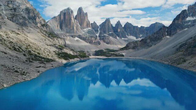 Mountains reflecting in a still lake with blue sky