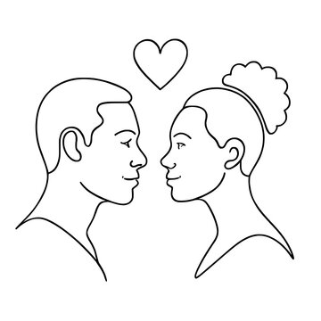 Amor entre brasileiros &ndash; casal brasileiro em estilo de desenho linear, ilustra&ccedil;&atilde;o vetorial SVG sobre fundo branco

