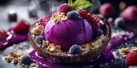 Purple berry granola ice cream dessert