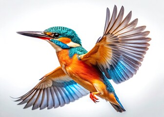 Obraz premium Colorful Kingfisher Bird in Flight, White Background - Stunning Wildlife Photography
