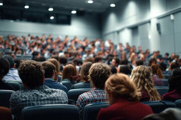 A diverse crowd attends a lecture in a modern auditorium. The warm lighting creates a focused atmosphere.