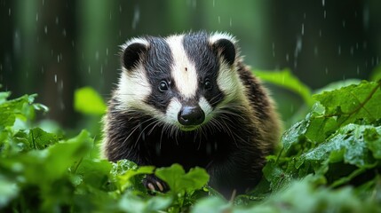 Obraz premium European Badger peeks out from the verdant foliage in a shower of rain