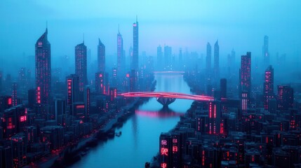 Fototapeta premium Futuristic Cityscape at Night Neon Lights Reflecting on River Cyberpunk Style Architecture