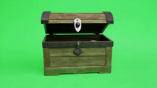 Wooden treasure chest on green screen.