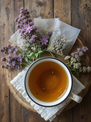 Medical plant  Artemisia with flowers, tea filter bags and herbal tea in an enameled mug with a napkin on a wooden stand, top view. Useful herb wormwood for use in medicine, cosmetology and cooking.