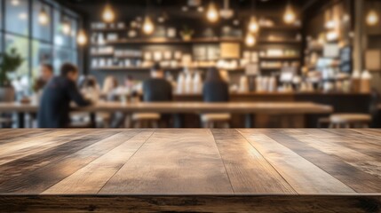 Rustic wooden cafe table with blurred interior background.