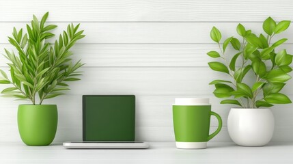 Modern workspace mockup with laptop, coffee cup, and plants