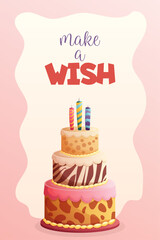 happy birthday card with big cake with animals, make a wish