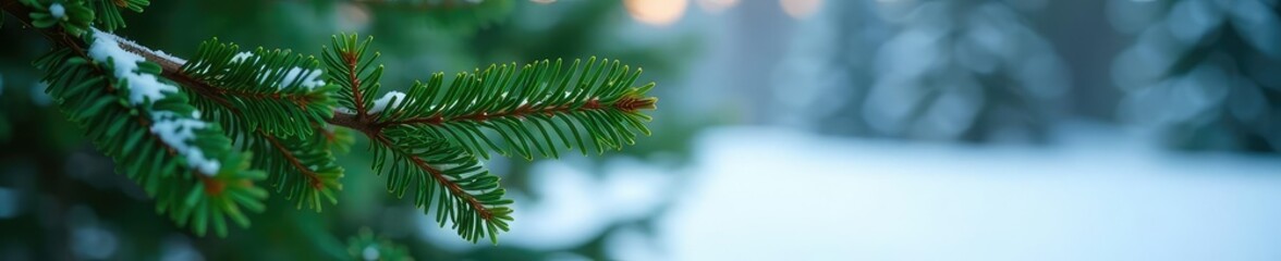 Obraz premium Branch of an evergreen fir tree on a snowy ground, green, forest