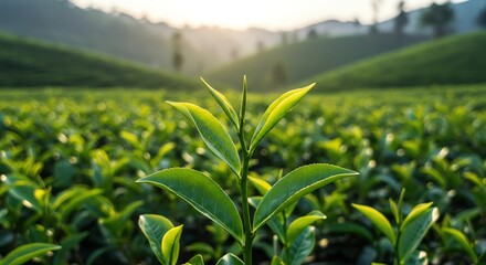 Fototapeta premium Tea Plantation Sunrise, Sunrise over a lush green tea plantation., Generative AI