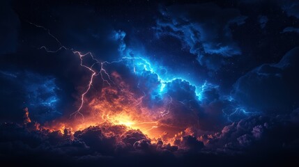 Dramatic sky with lightning strikes illuminating storm clouds in an orange and blue panorama