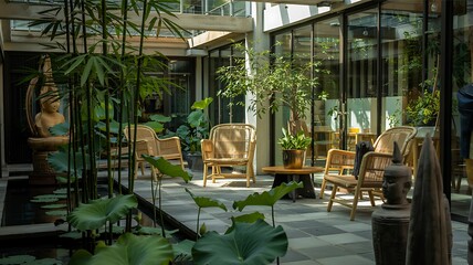 Asian-style indoor garden with a pond, lotus plants, bamboo, rattan chairs, and a statue. Peaceful and refreshing atmosphere.
